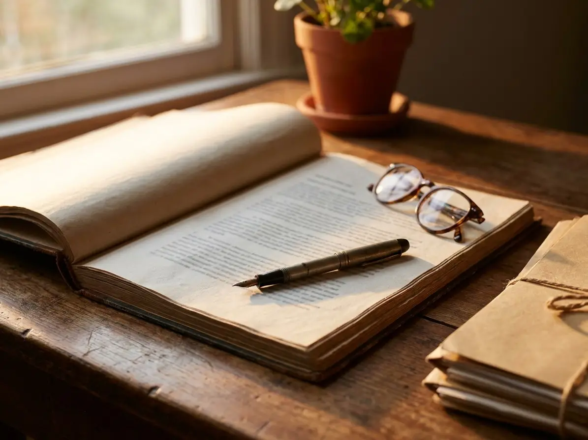 A bound register open on a wooden desk in raking window light, a fountain pen and reading glasses resting on it.