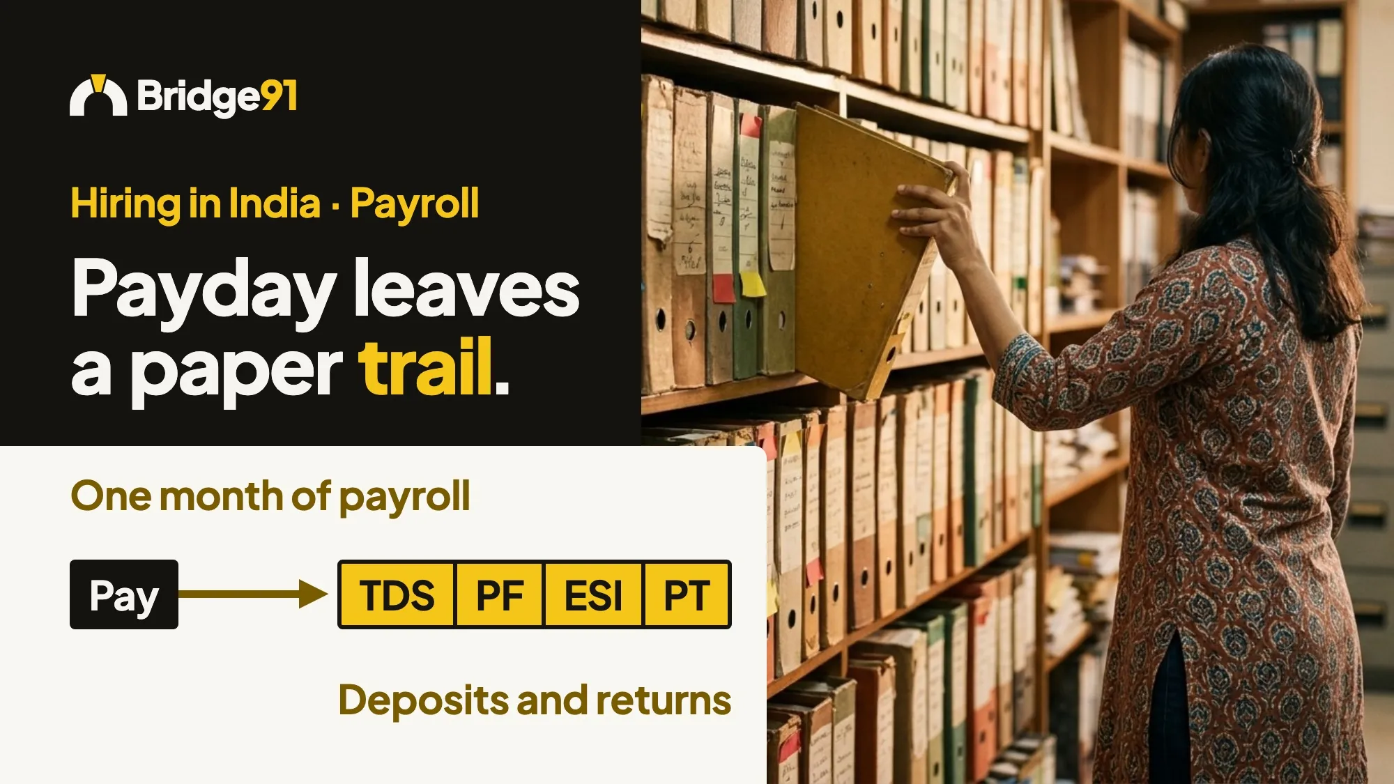 Payday leaves a paper trail. In one month of payroll, pay leads to TDS, PF, ESI and professional tax deposits and returns, beside a woman pulling a box file from a wall of records.